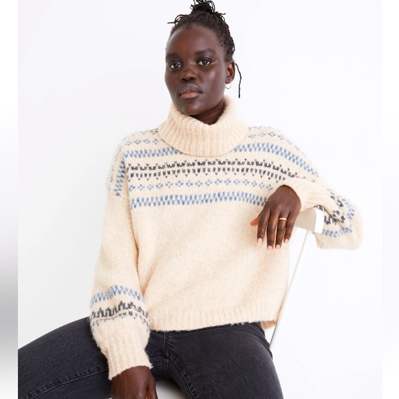 Madewell‎ Somervell Fair Isle Turtleneck Sweater XXS Oversized Cream Knit Crop - Picture 1 of 12